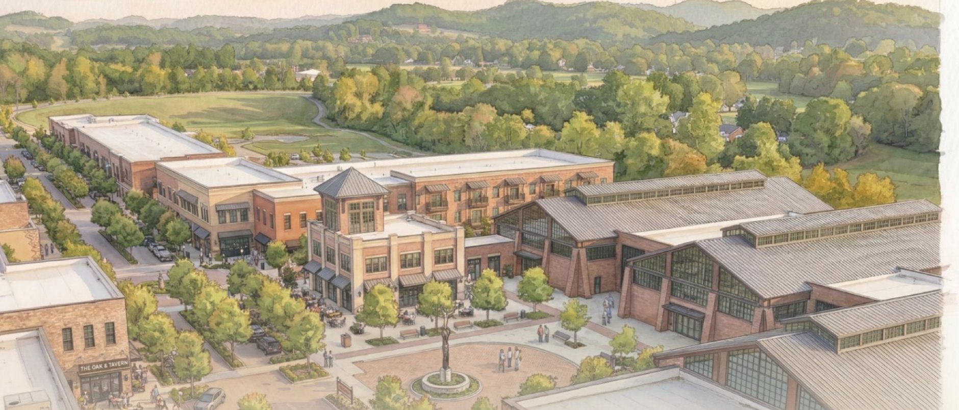 Aerial rendering of The Banks at Brownland — a walkable village in Franklin, Tennessee