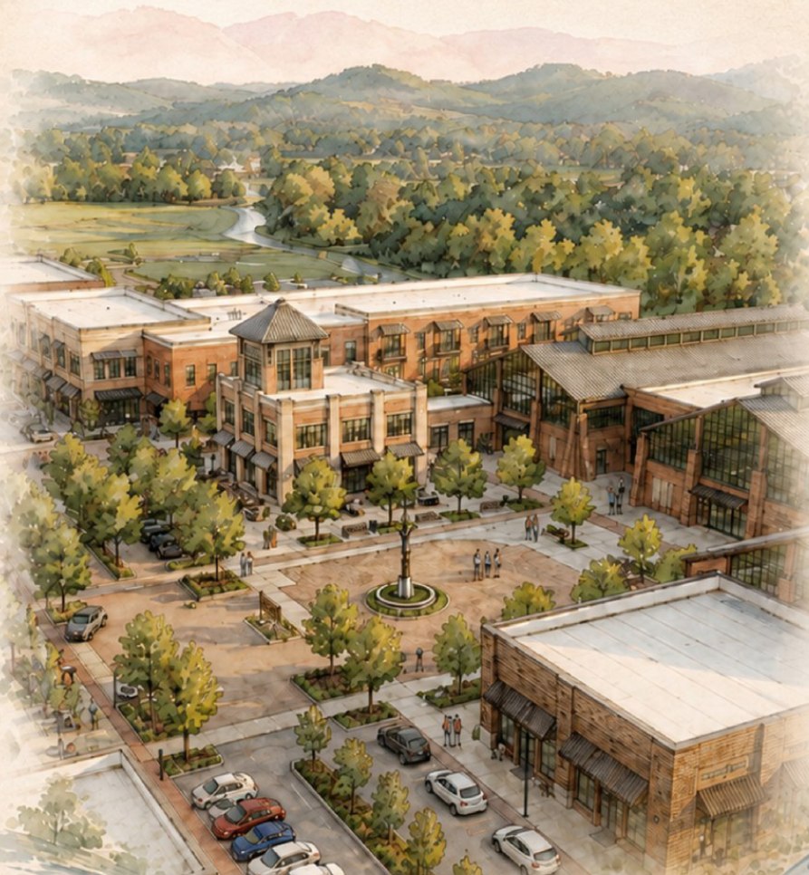 Watercolor rendering of the village square at The Banks