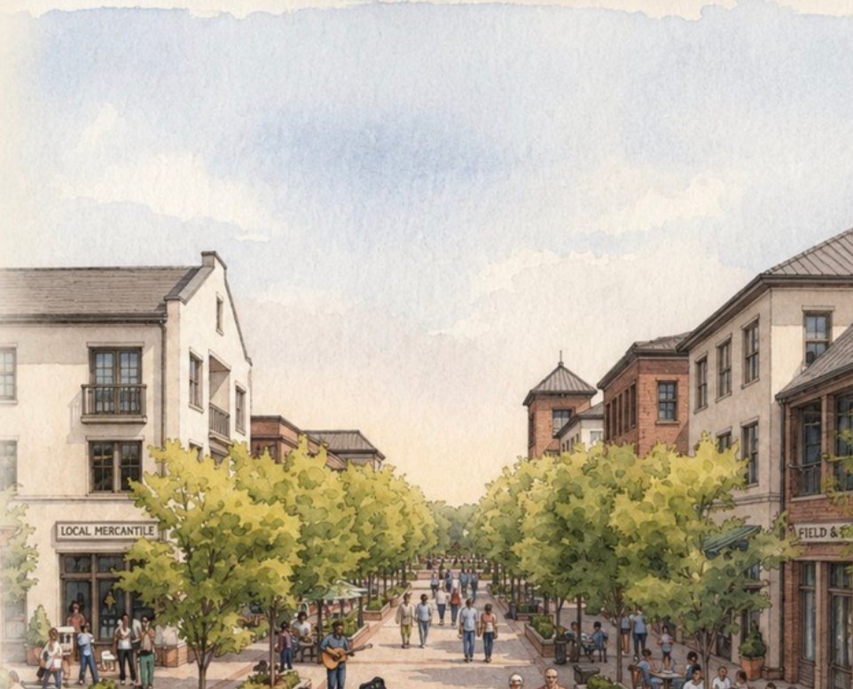 Watercolor rendering of the tree-lined promenade at The Banks, with shops, dining, and people gathering
