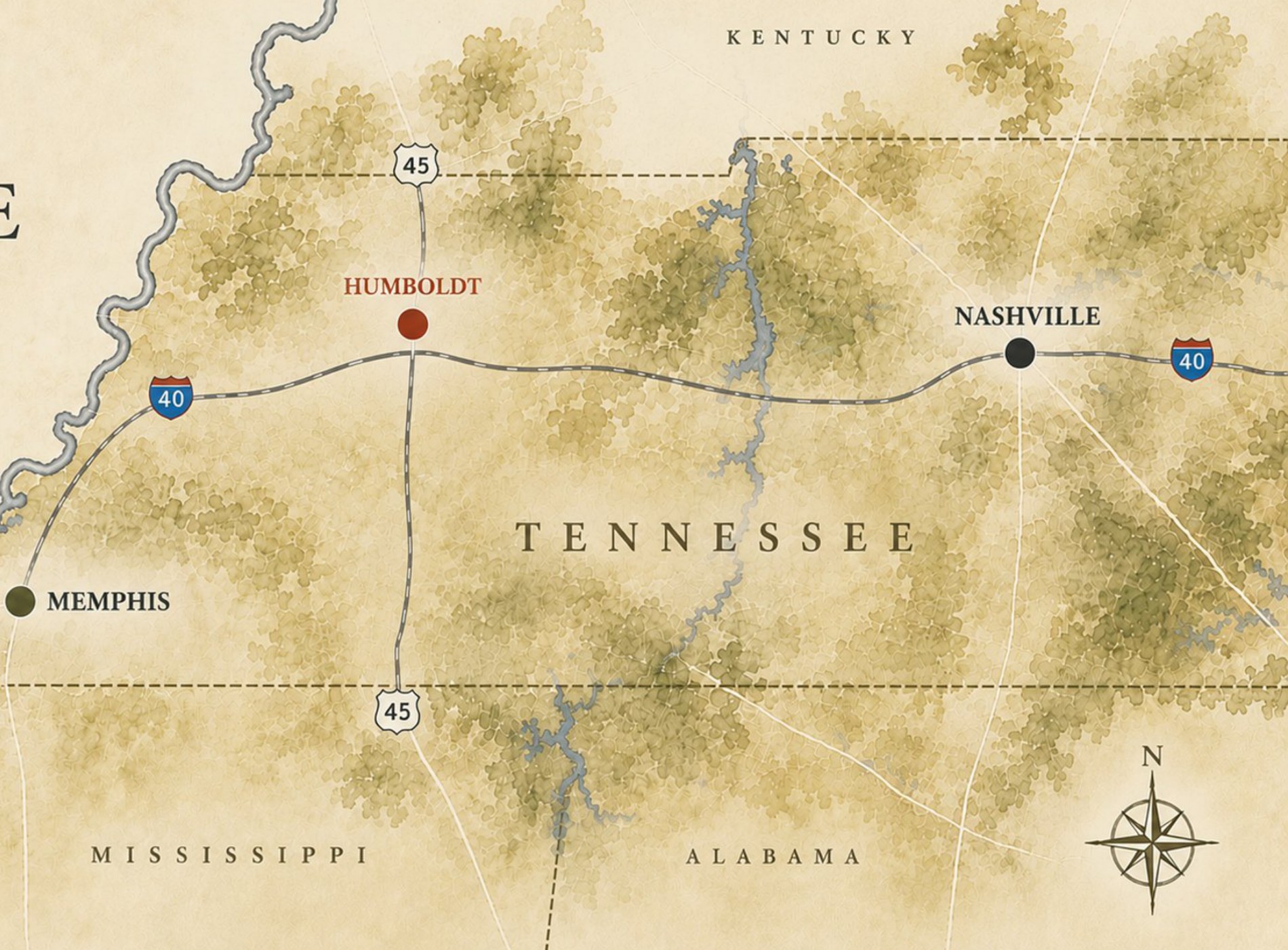 Illustrated regional map — Humboldt at the heart of West Tennessee, anchored by I-40 to Nashville and Memphis and US-45 to Jackson
