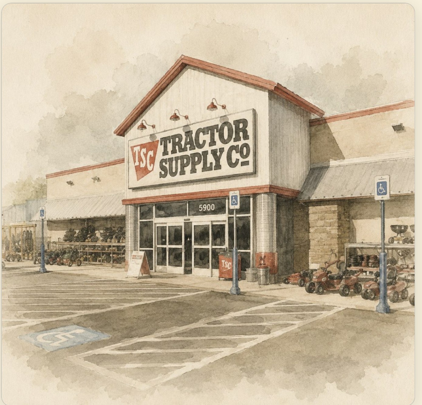 Watercolor rendering of the Tractor Supply Co. store at the southeast corner of Village Commons, Humboldt
